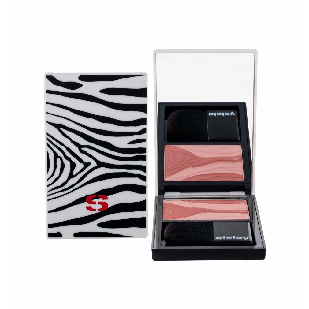 Blush-Puder-Kompakt mit Spiegel und Pinsel. Zebra-Muster auf der Verpackung. Produktname und Marke sichtbar.