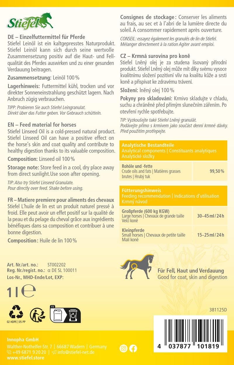 Rückseite der Stiefel Leinöl-Flasche. Text in Deutsch, Englisch, Französisch. Informationen zu Inhaltsstoffen, Fütterungsempfehlung und Lagerung.