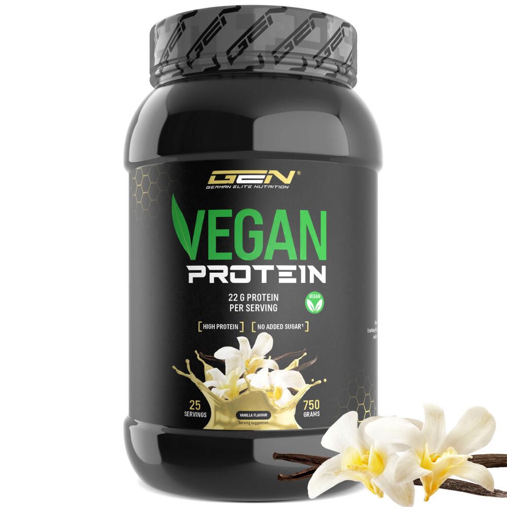 Schwarze Dose GEN Vegan Protein, grüne Schrift, Vanille-Geschmack. 750g, 25 Portionen. Vanilleblüten und Schote.