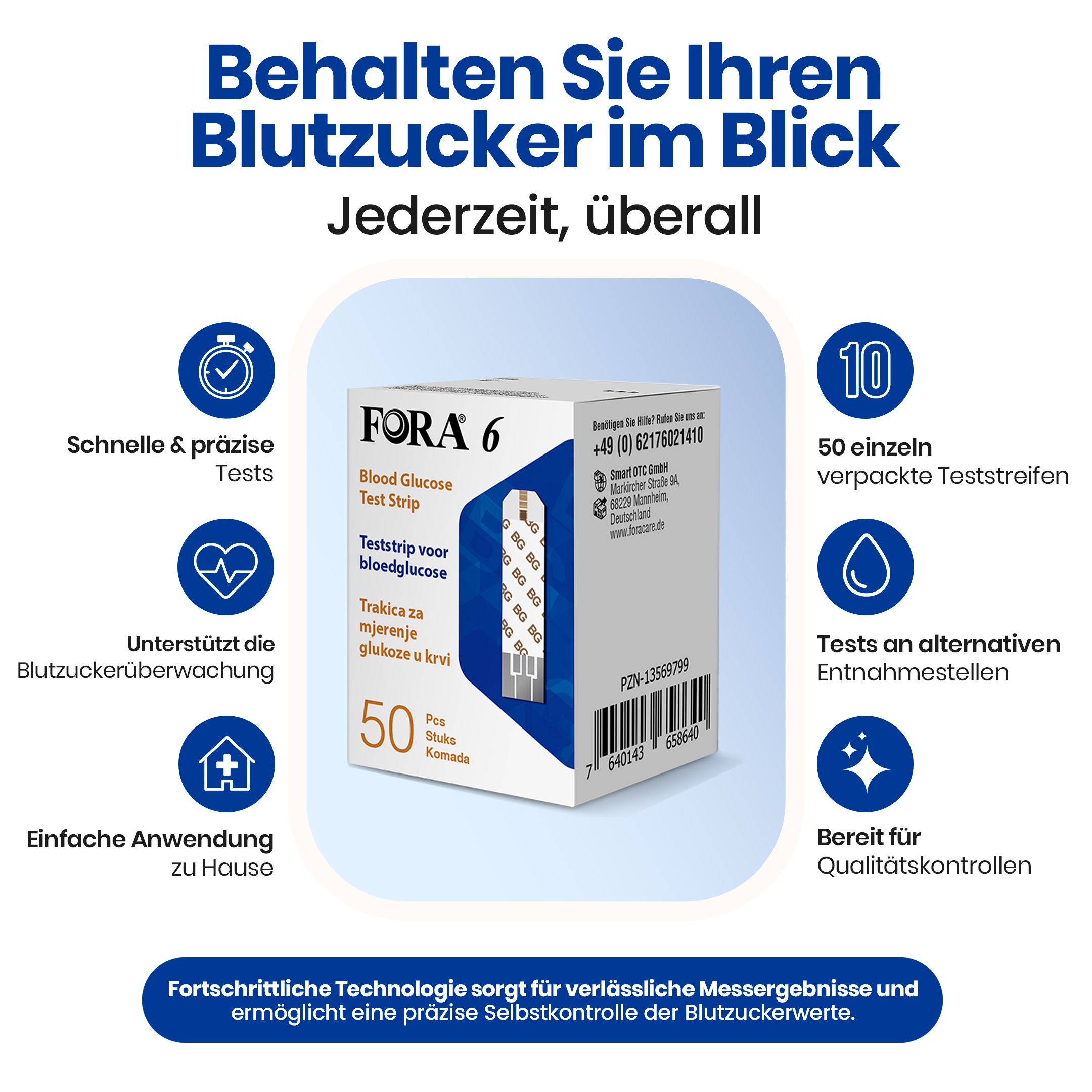Packung FORA 6 Teststreifen. 50 Teststreifen. Unterstützt Blutzuckerüberwachung. Für Tests an alternativen Stellen.