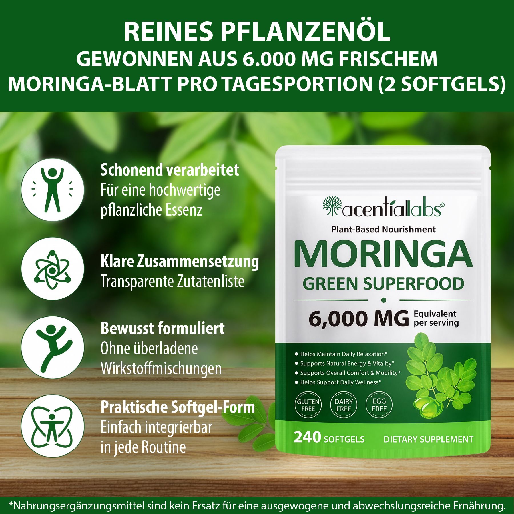 Beutel mit Softgels. Text: Moringa Green Superfood, 6.000 mg. Vegan, glutenfrei, milchfrei, eifrei. Grüne Kapseln.