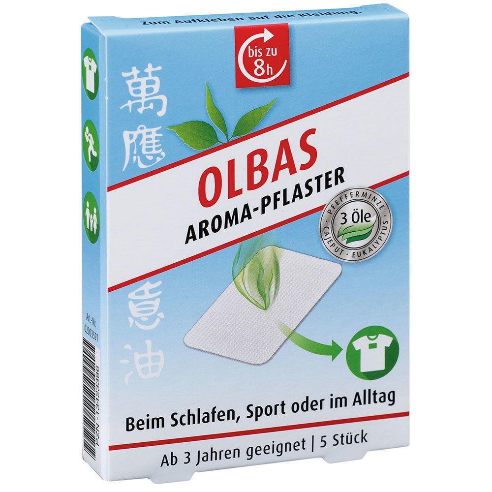 Blau-weiße Schachtel mit OLBAS Aroma-Pflaster. Zeigt ein Pflaster und grüne Blätter. Text: 3 Öle, Pfefferminze, Cajeput, Eukalyptus. 5 Stück.