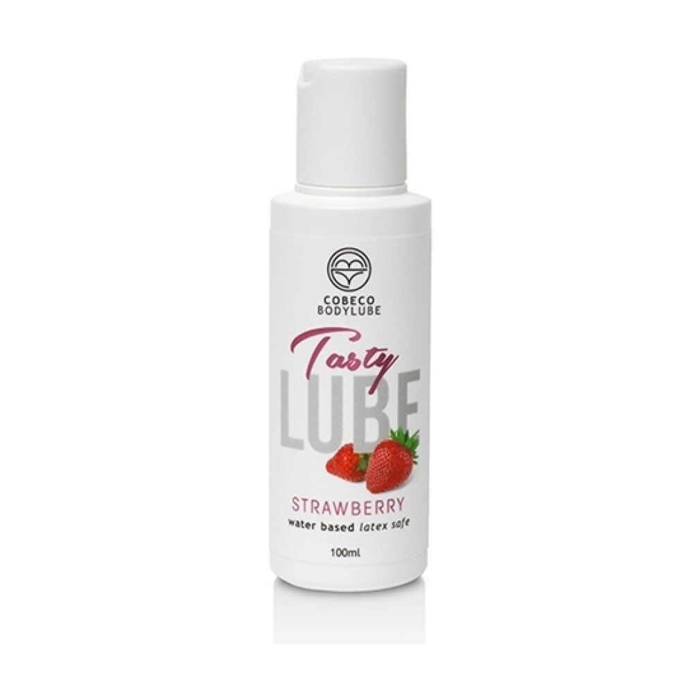 Weiße Flasche mit roter Aufschrift "Tasty Lube" und Erdbeeren. Text: "Strawberry water based latex safe". Logo: Cobeco Bodylube.