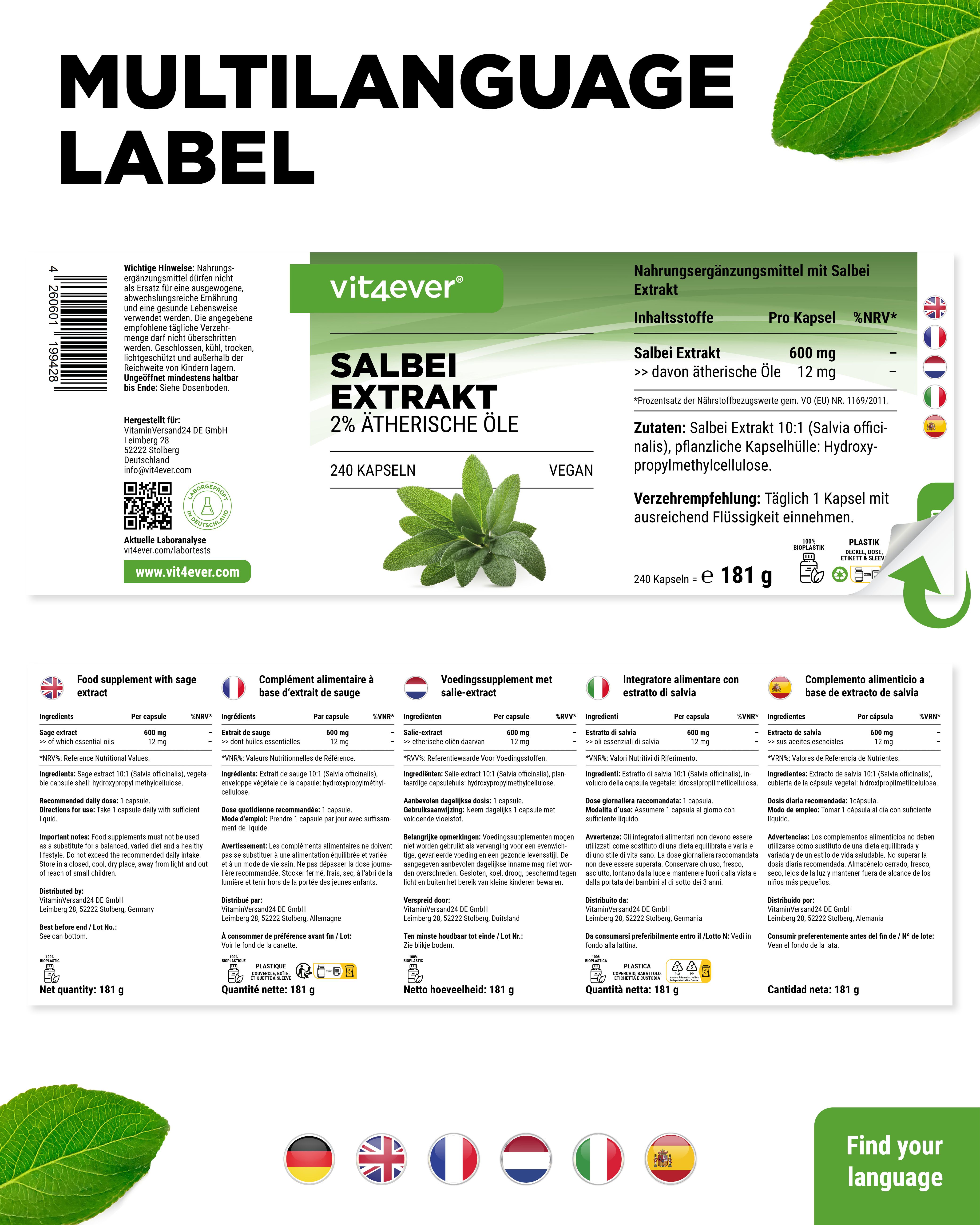 Etikett mit mehrsprachigen Informationen. Salbei Extrakt, 2% ätherische Öle, 240 Kapseln. Nährwertangaben. Icons: Deutsch, Französisch, etc.