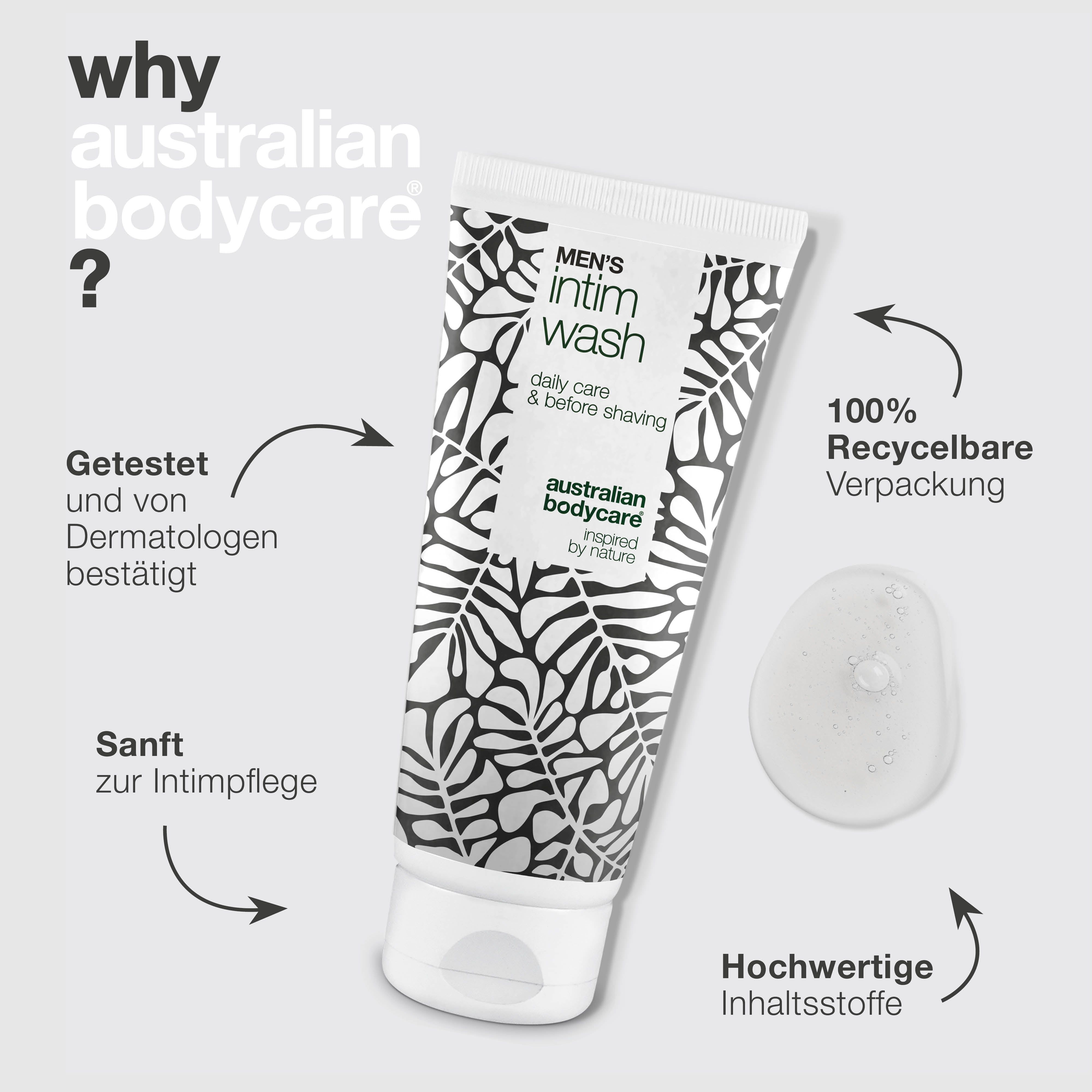 Tube Intimwaschlotion für Männer. Text: Getestet, 100% recycelbare Verpackung, hochwertige Inhaltsstoffe.