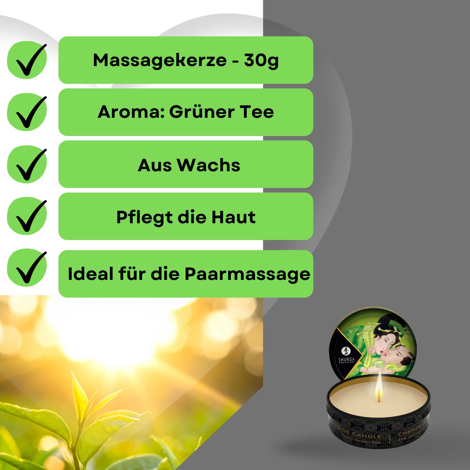 Produktabbildung mit grünen Häkchen. Massagekerze, Aroma Grüner Tee, aus Wachs, pflegt die Haut, ideal für die Paarmassage.