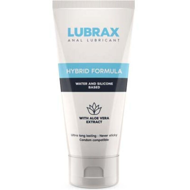 Weiß-blaue Tube. Aufschrift: LUBRAX, ANAL LUBRICANT, HYBRID FORMULA, Wasser- und Silikonbasis, Aloe Vera Extrakt. Kondomkompatibel.