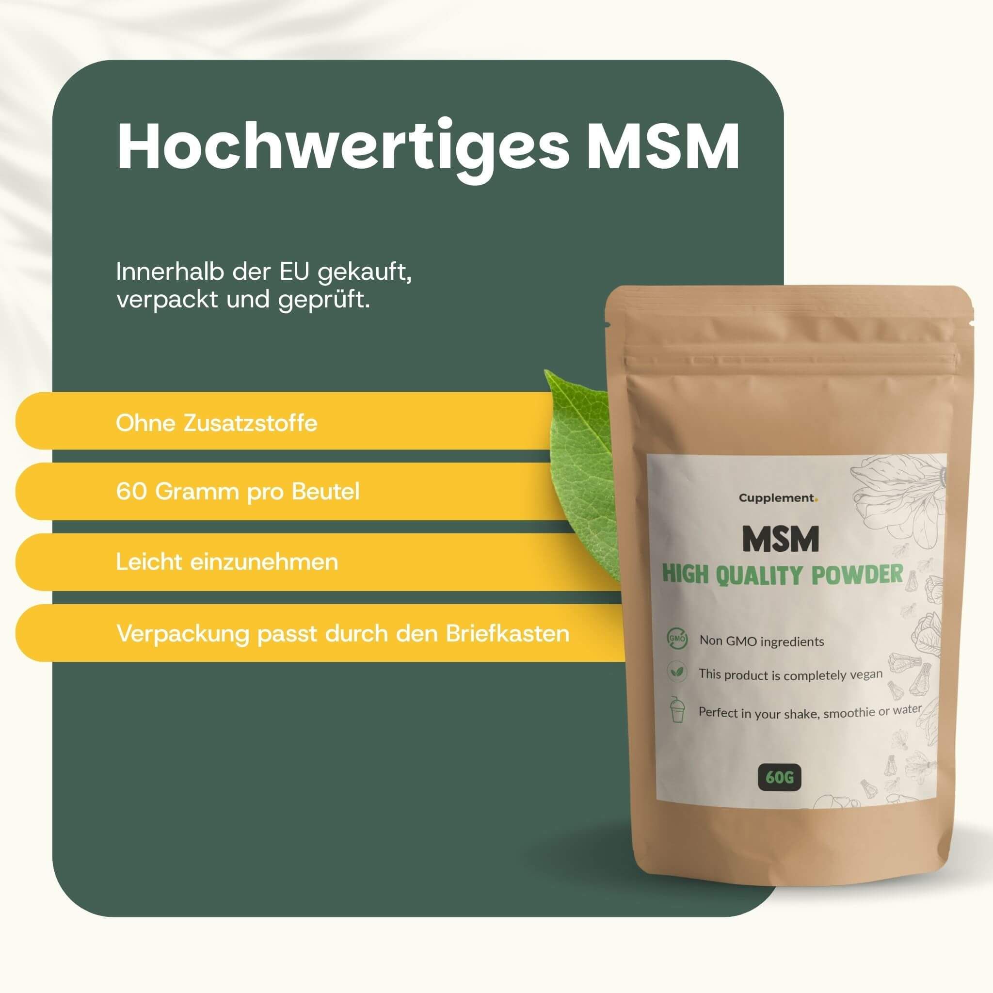 Beutel mit MSM-Pulver. Text: MSM High Quality Powder. 60 Gramm pro Beutel. Ohne Zusatzstoffe. Einfach zu nehmen.