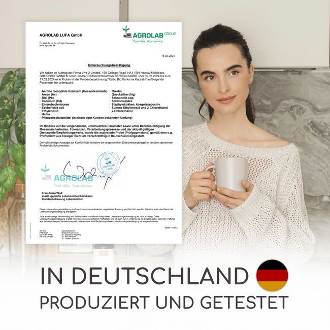 Zertifizierungsdokument mit Frau und Tasse. Text: In Deutschland produziert und getestet. Deutsches Qualitätssiegel.