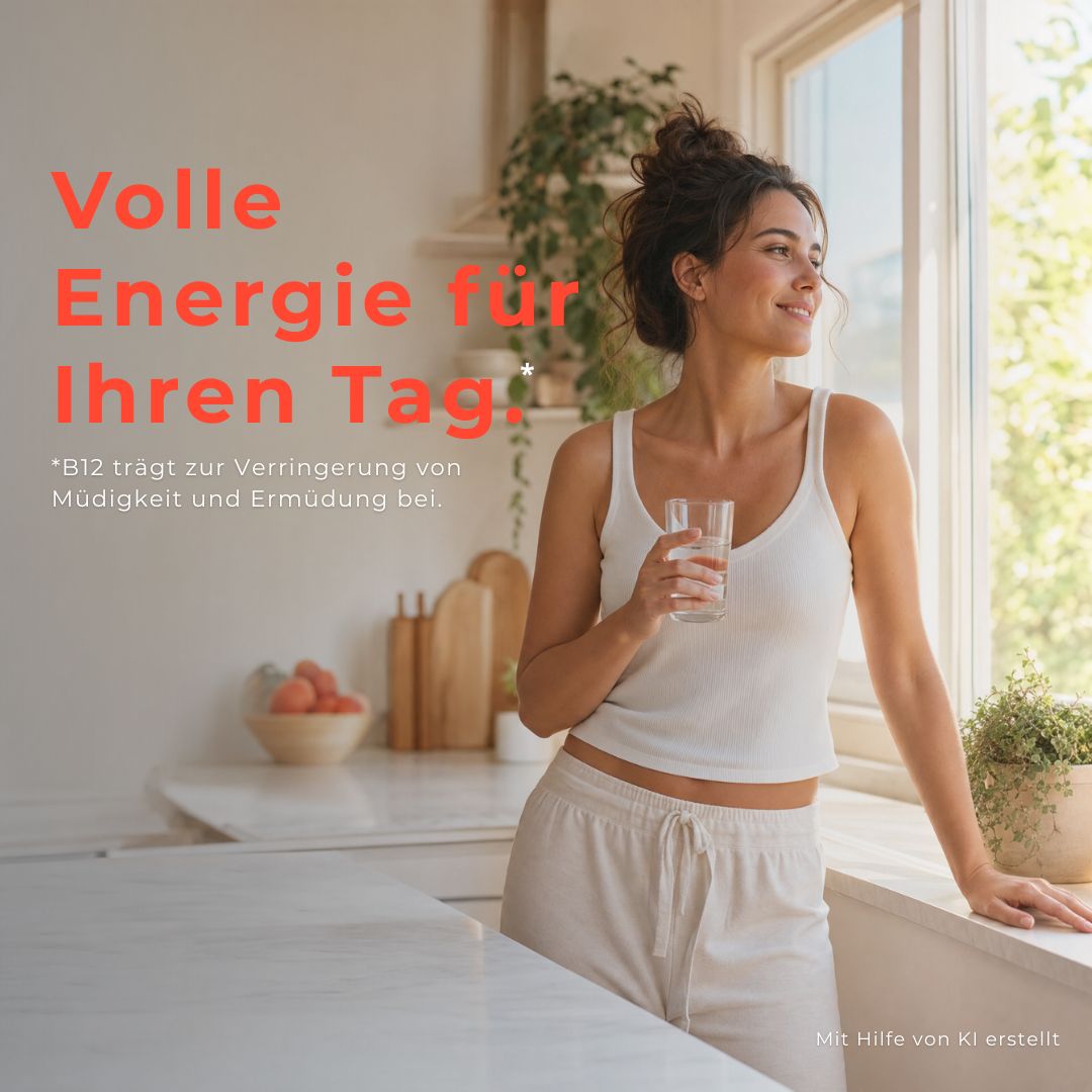Frau am Fenster mit Glas Wasser, Text: Volle Energie für Ihren Tag.