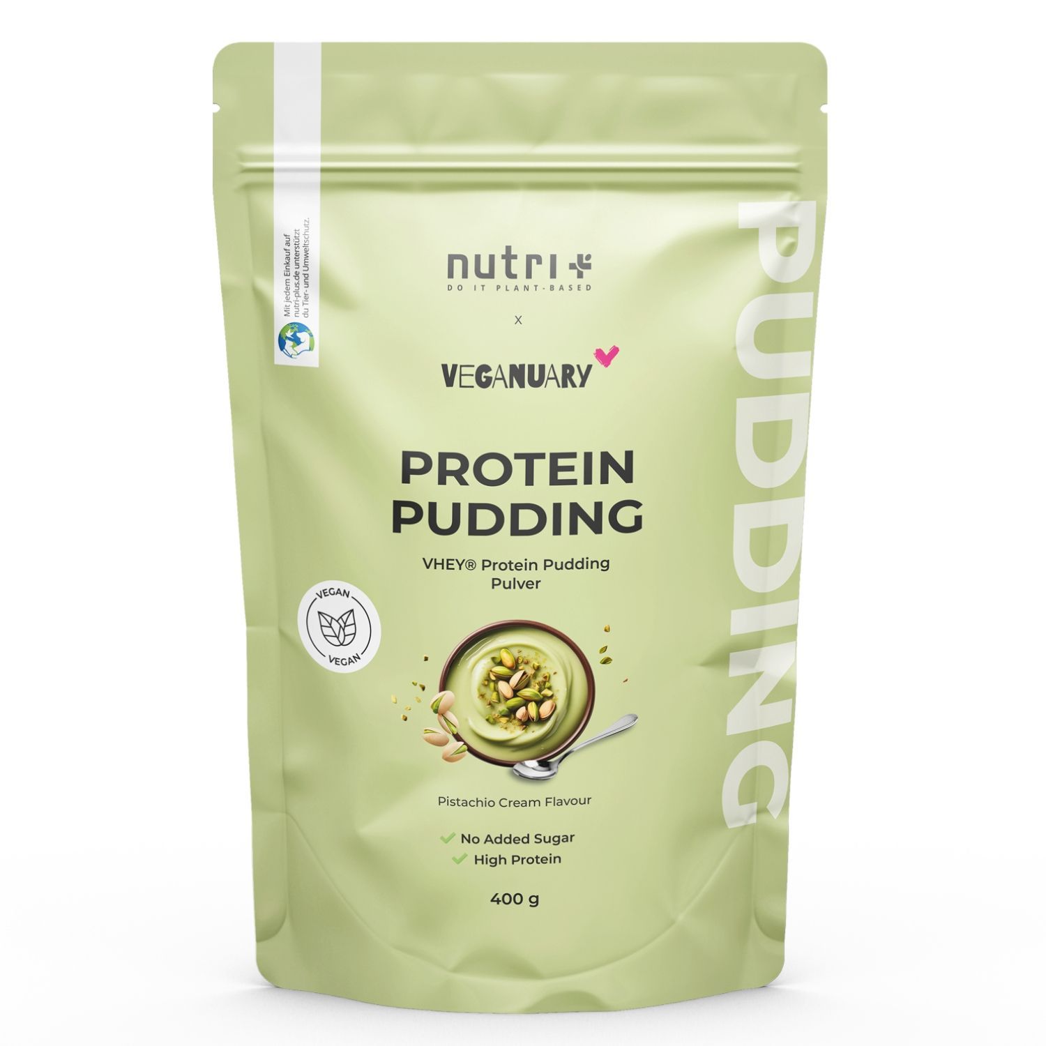 Grüne Verpackung mit Protein Pudding Pulver. Vegan, ohne Zuckerzusatz, hoher Proteingehalt. 400g.