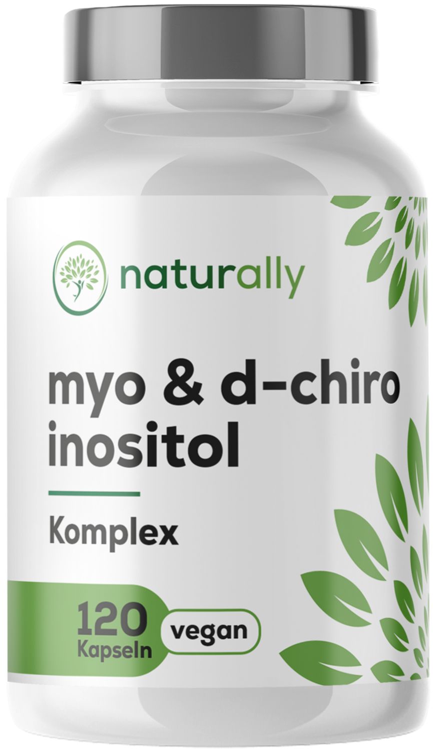 Weiße Flasche mit grünem Etikett. Aufschrift: naturally, myo & d-chiro inositol Komplex, 120 Kapseln, vegan.
