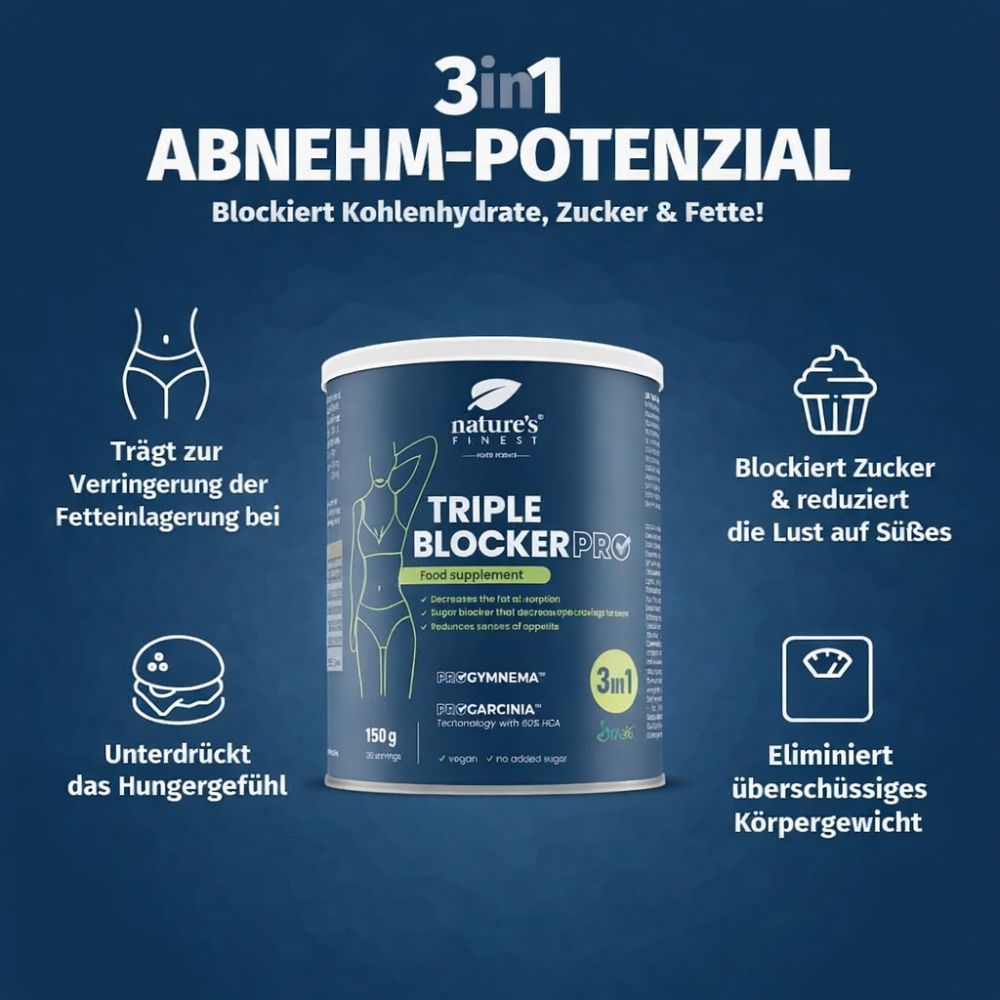 Dose Nature's Finest Triple Blocker Pro. Blaue Dose mit weißem Deckel. Text: 3in1 Abnehm-Potenzial. Abnehm-Supplement. Grafiken.