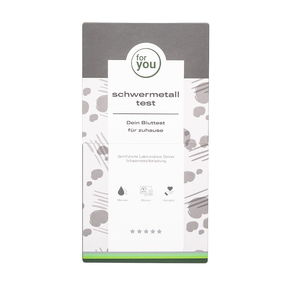 Verpackung des 'for you schwermetall test' mit dem Titel 'Dein Bluttest für zuhause' und Icons für Laboranalyse.