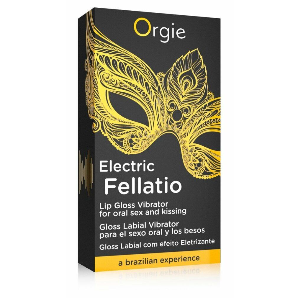 Orgie Electric Fellatio Lip Gloss Vibrator Verpackung mit Maskenmotiv.