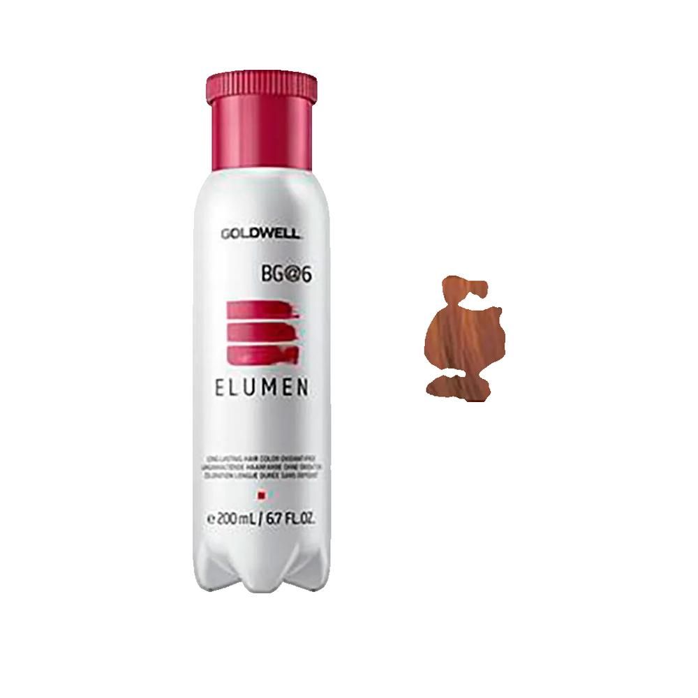 Goldwell Elumen Haarfarbe, Flasche mit rotem Deckel. Farbprobe daneben. Text: BG@6, Elumen, 200ml/6.7 fl.oz.