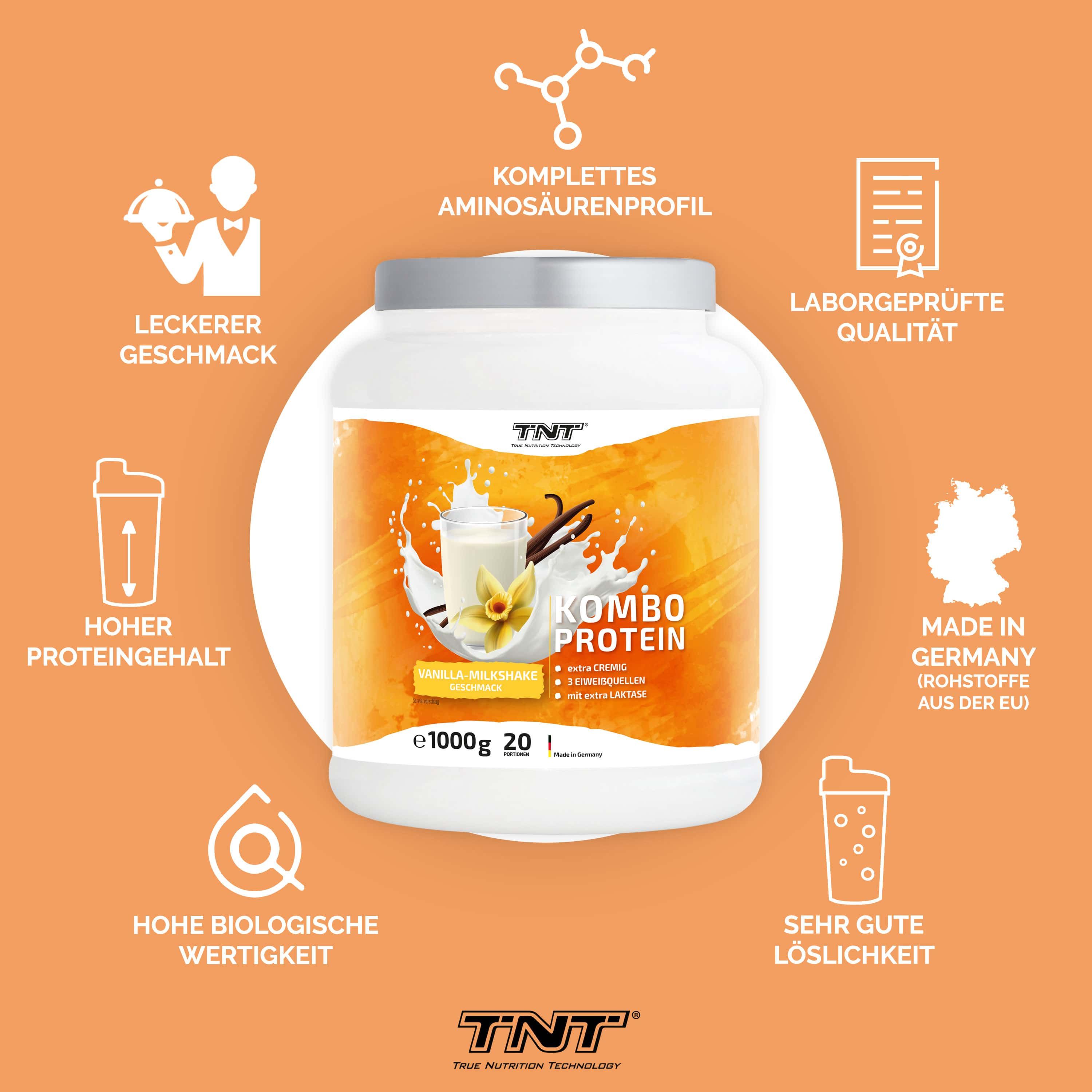 TNT Kombo Protein-Behälter. Vanille-Milchshake-Geschmack. 1000g. Mit Logos und Icons. Hergestellt in Deutschland.