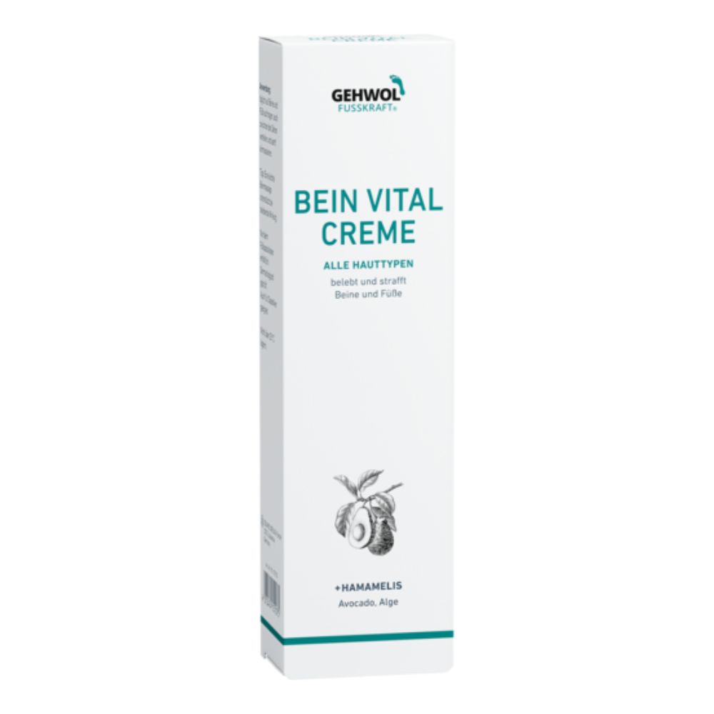 Schachtel mit Aufschrift: GEHWOL FUSSKRAFT, Bein Vital Creme, für alle Hauttypen. Mit Hamamelis und Avocado Alge. Weiß mit grünen Akzenten.