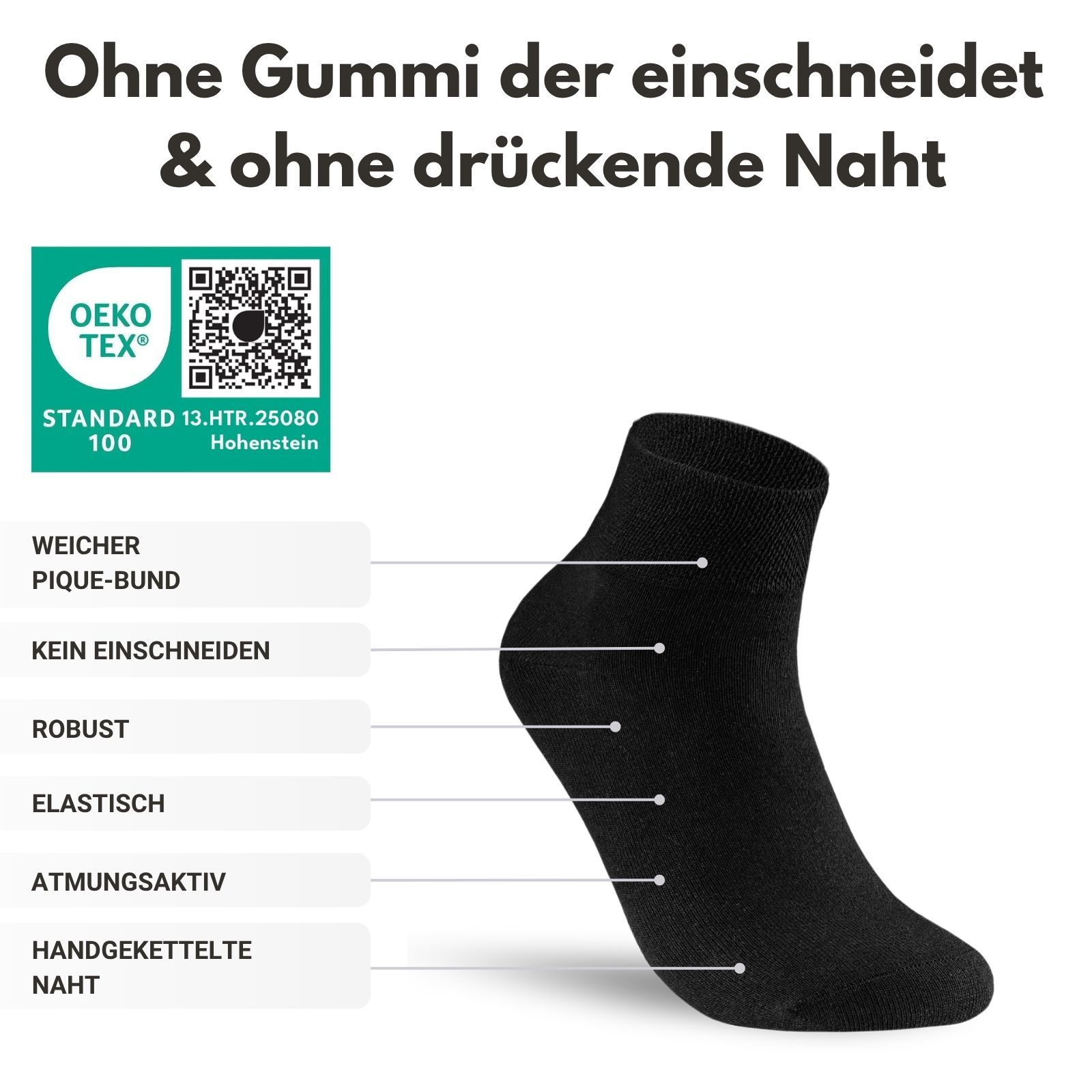 Schwarze Quarter Socke mit Text: Ohne Gummi der einschneidet & ohne drückende Naht. OEKO-TEX-Zertifikat.