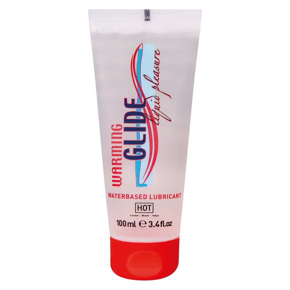 Transparente Tube mit rotem Verschluss. Beschriftung: WARMING GLIDE, waterbased lubricant, 100ml.