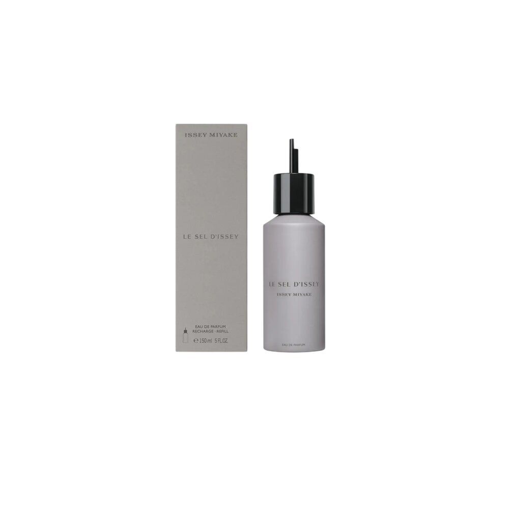 Grauer Flakon mit schwarzem Verschluss und Sprühkopf, neben grauer Verpackung. Aufschrift: Le Sel d'Issey, Issey Miyake, Eau de Parfum.