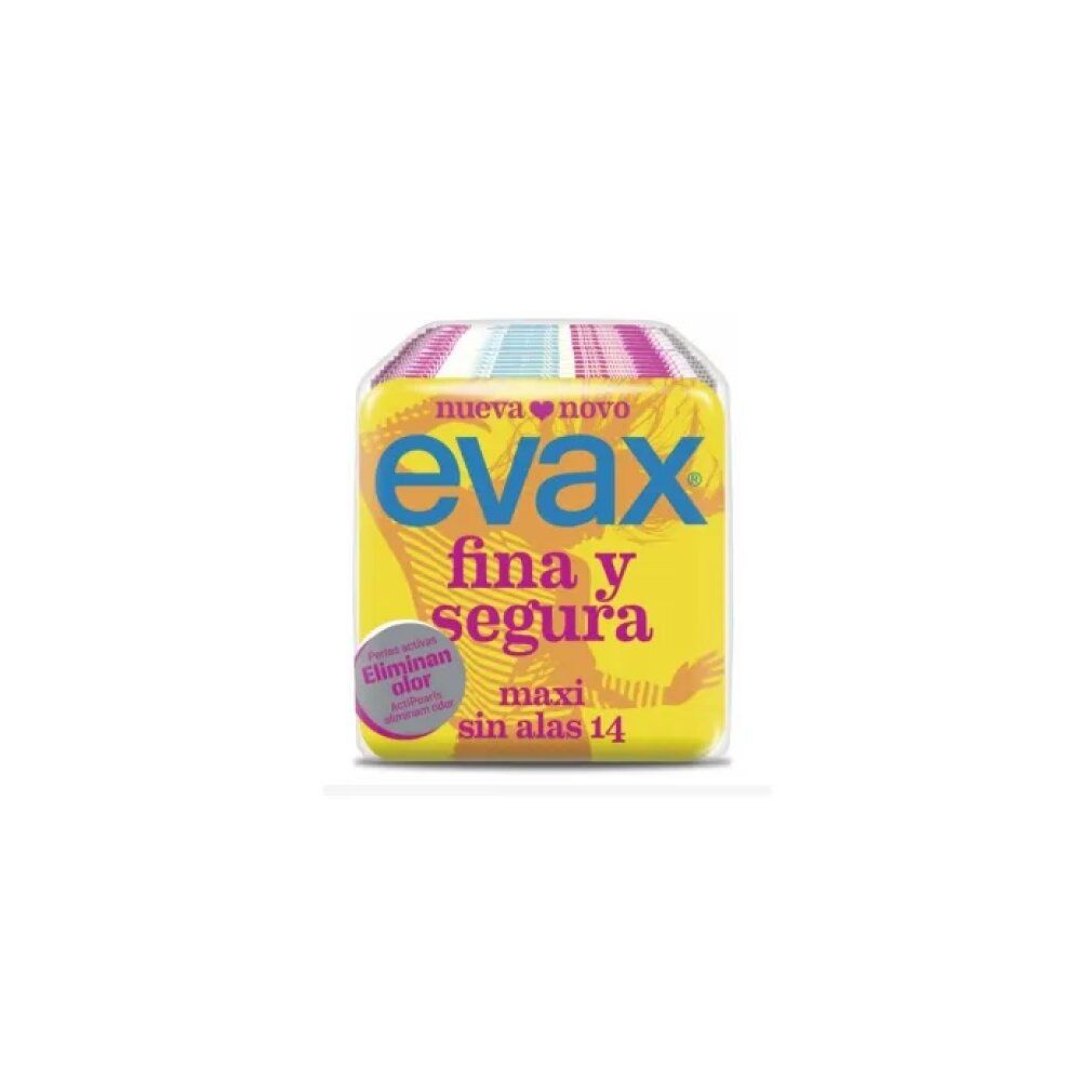 Gelbe Verpackung mit blauem "evax"-Logo, "fina y segura" und Text: "maxi sin alas 14". Mit "Eliminan olor" Aufkleber.
