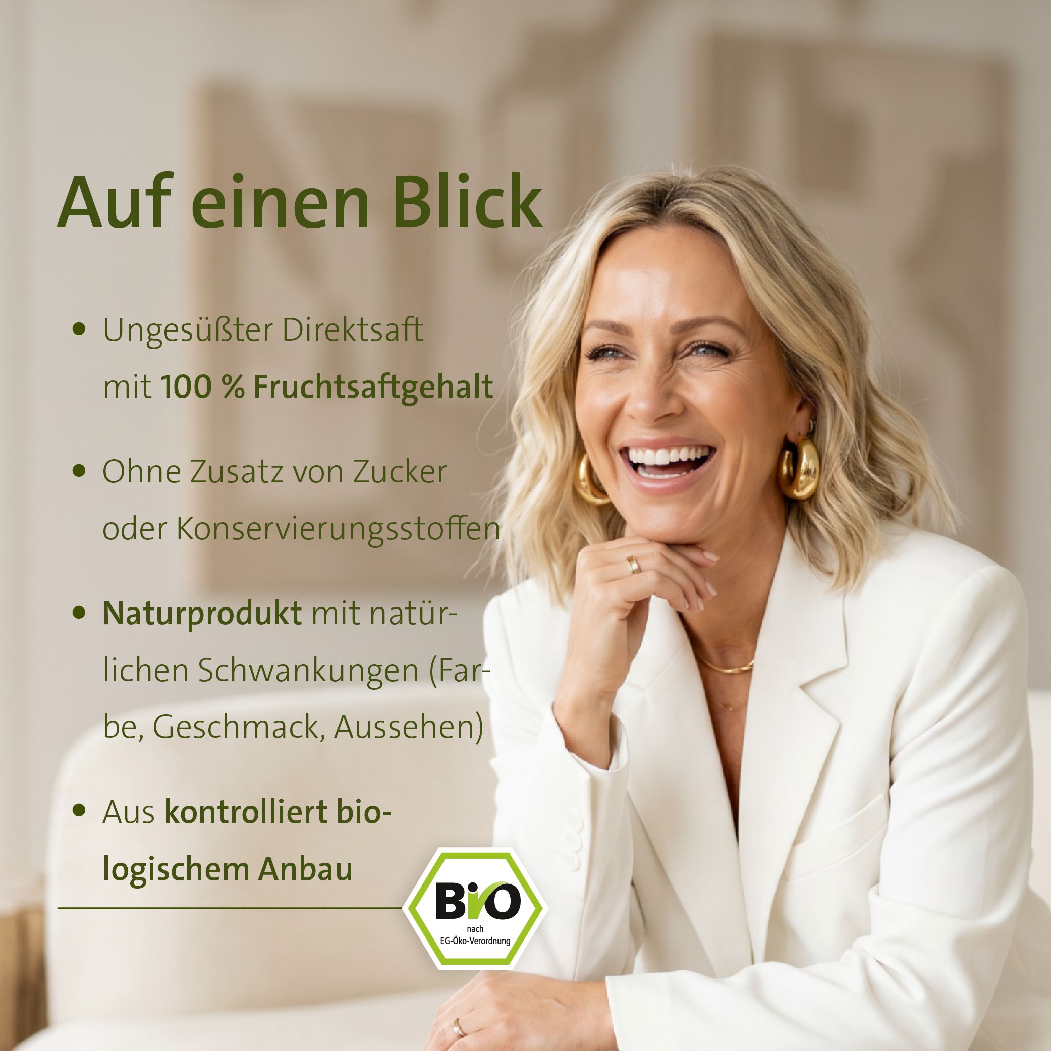 Lächelnde Frau im Anzug neben Stichpunkten über ungesüßten Direktsaft und Bio-Anbau.