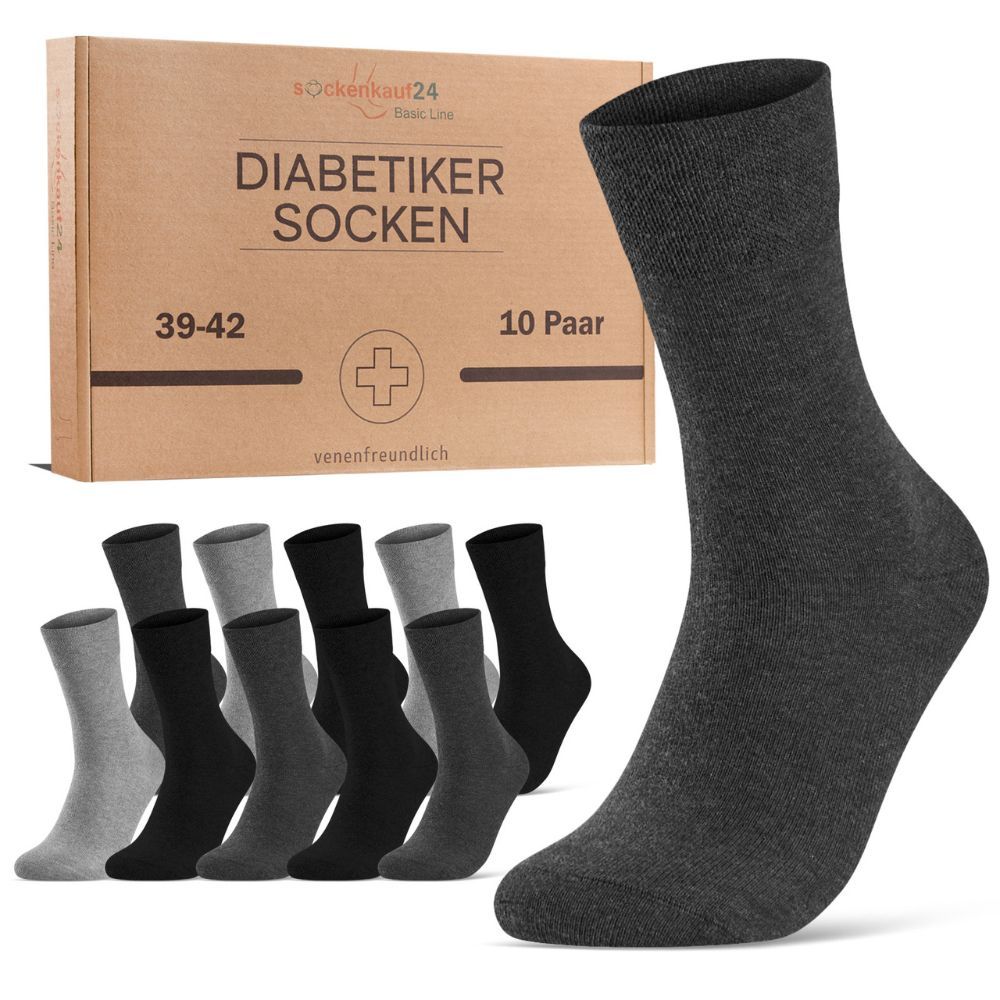 Graue Diabetiker Socken, 10 Paar, in Verpackung. Größenangabe 39-42. Text: Diabetiker Socken, venenfreundlich.