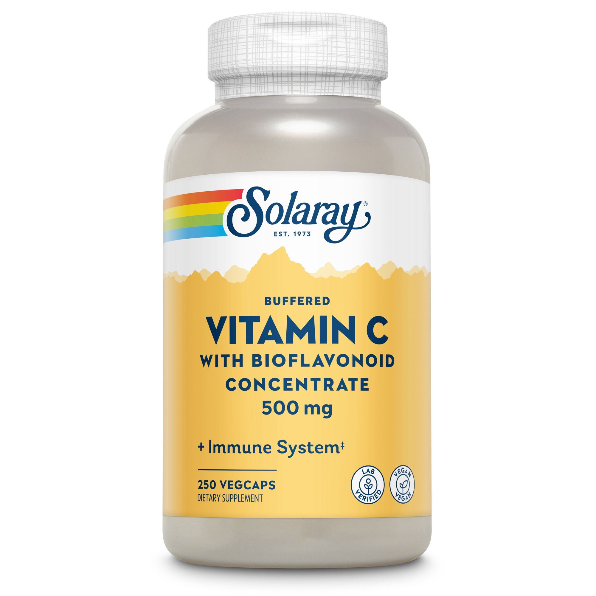 Solaray Vitamin C Flasche. Aufschrift: Gepuffertes Vitamin C mit Bioflavonoid-Konzentrat, 500 mg. 250 Vegicaps.