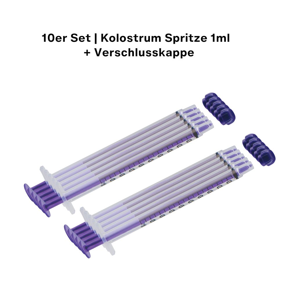 Zwei Sets von Spritzen mit Verschlusskappen. Text: 10er Set | Kolostrum Spritze 1ml + Verschlusskappe.