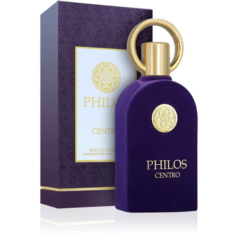 Dunkelviolette Flasche mit goldenem Verschluss und Ring. Aufschrift: Philos Centro Eau de Parfum. Verpackung mit Logo.