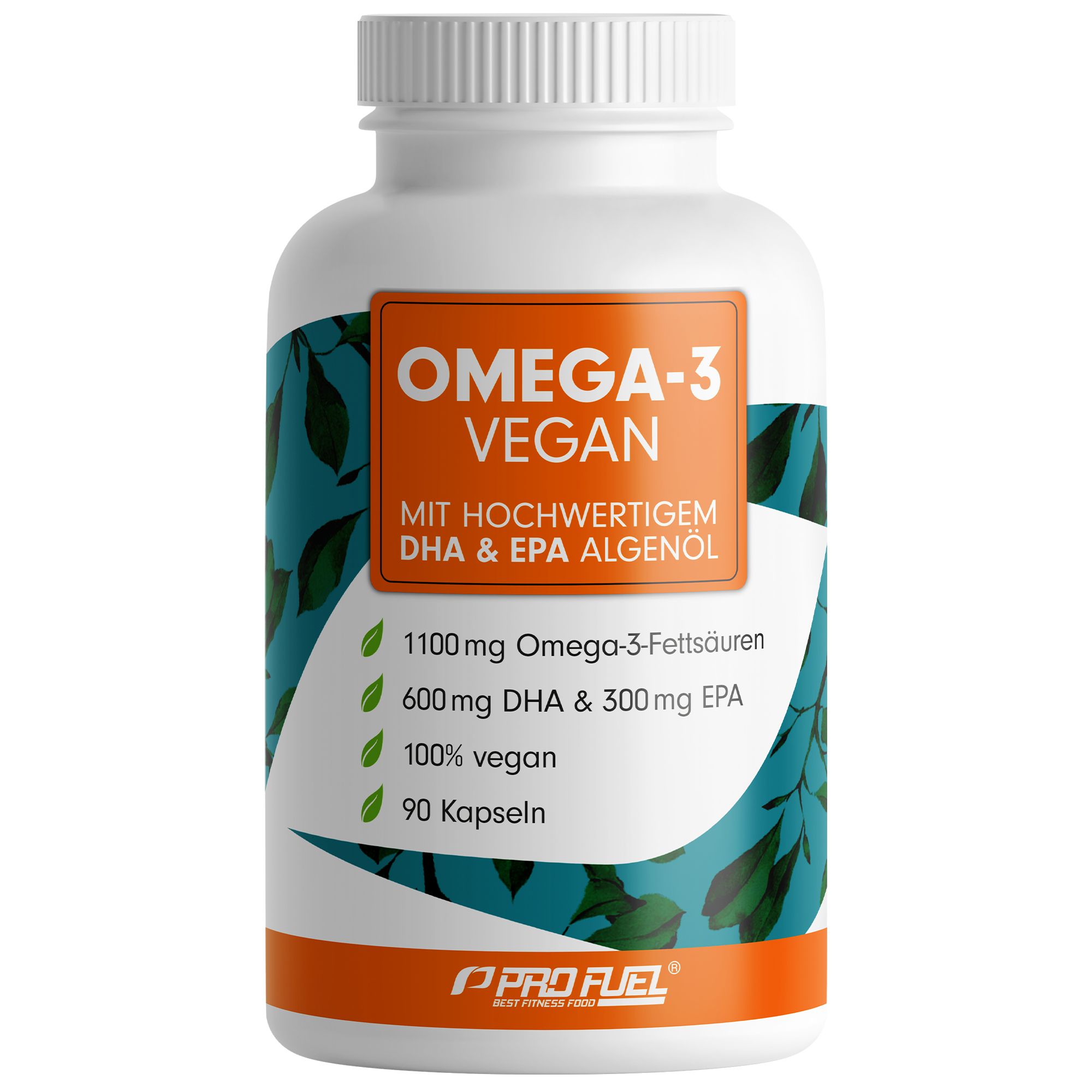 Weiße Flasche mit orangefarbenem Etikett. Aufschrift: OMEGA-3 VEGAN, 90 Kapseln. Enthält DHA & EPA Algenöl.