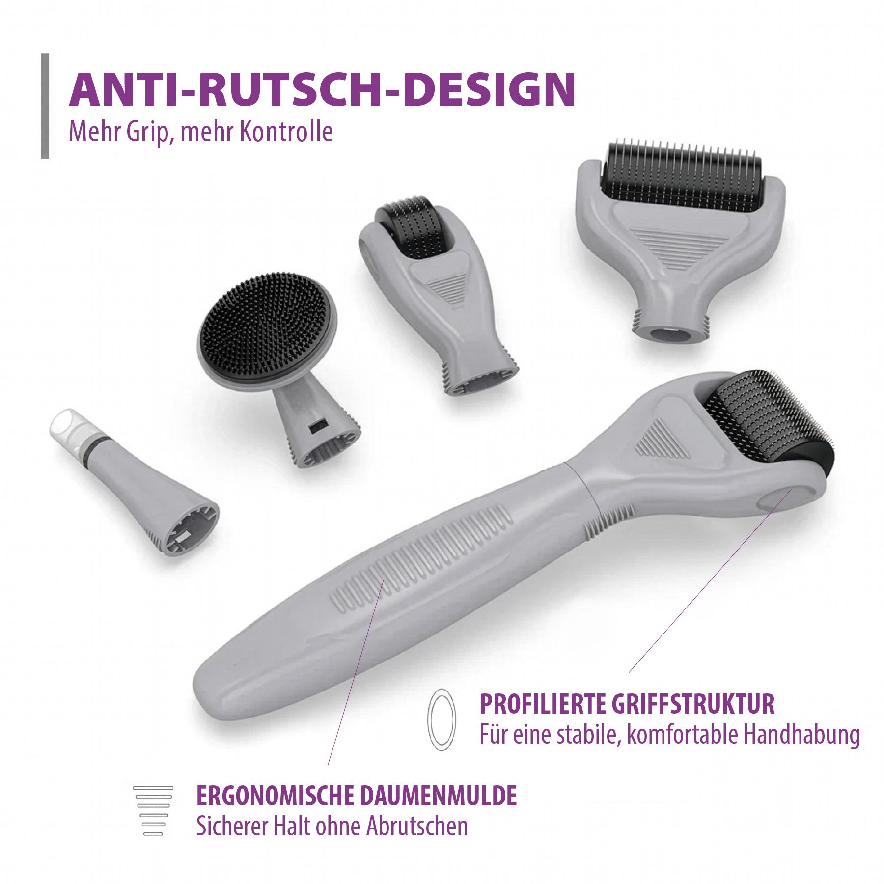 Graue Microneedling-Aufsätze. Ergonomische Daumenmulde. Profilierte Griffstruktur. Text: Anti-Rutsch-Design.