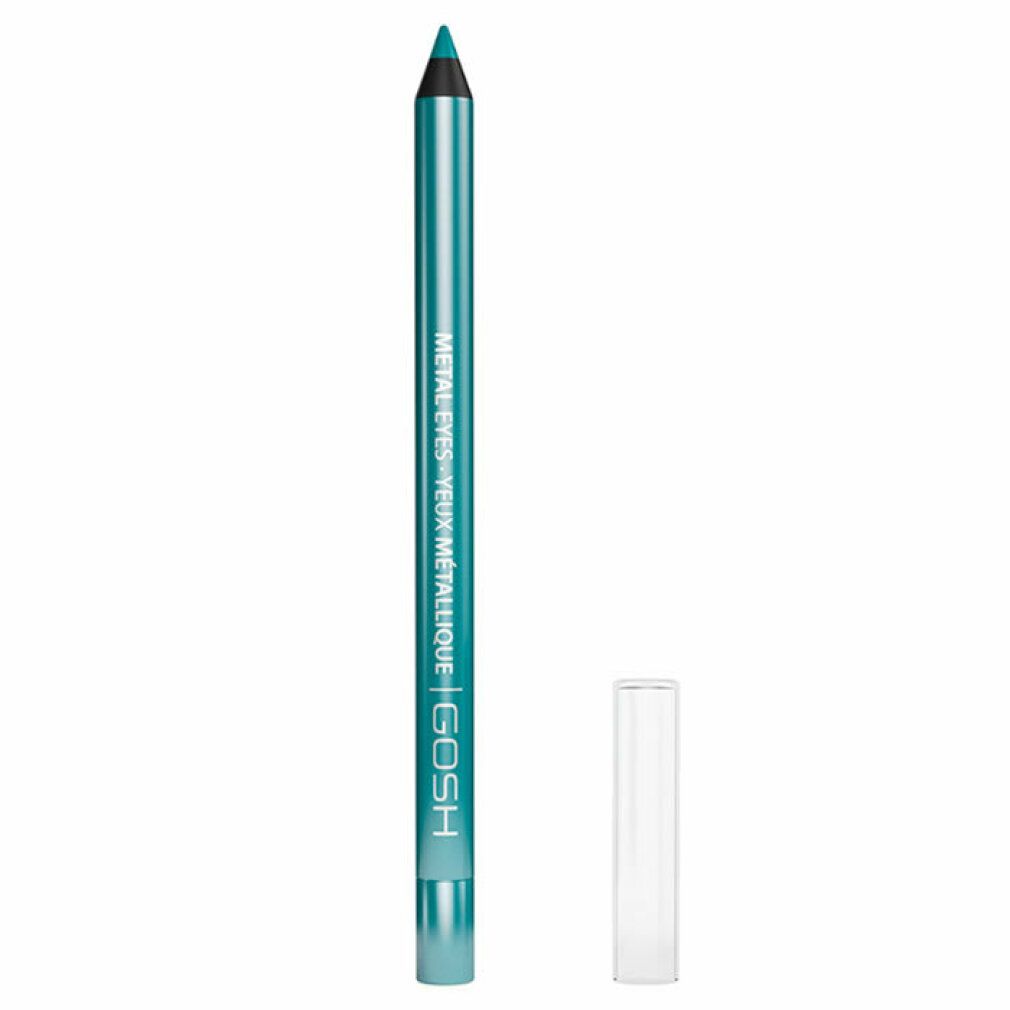 Türkisfarbener Gosh Metal Eyes Eyeliner mit transparenter Kappe. Auf dem Stift steht "METAL EYES - YEUX METALLIQUE | GOSH".