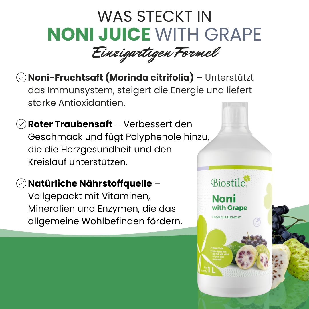 Zutaten von Noni-Saft mit Traube: Noni-Frucht, roter Traubensaft. Flasche daneben.