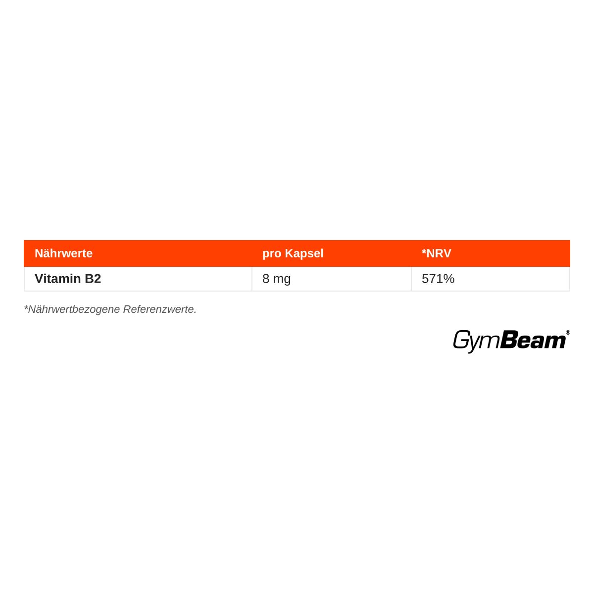 Nährwerttabelle für Vitamin B2 (8 mg pro Kapsel, 571% NRV). GymBeam-Logo.