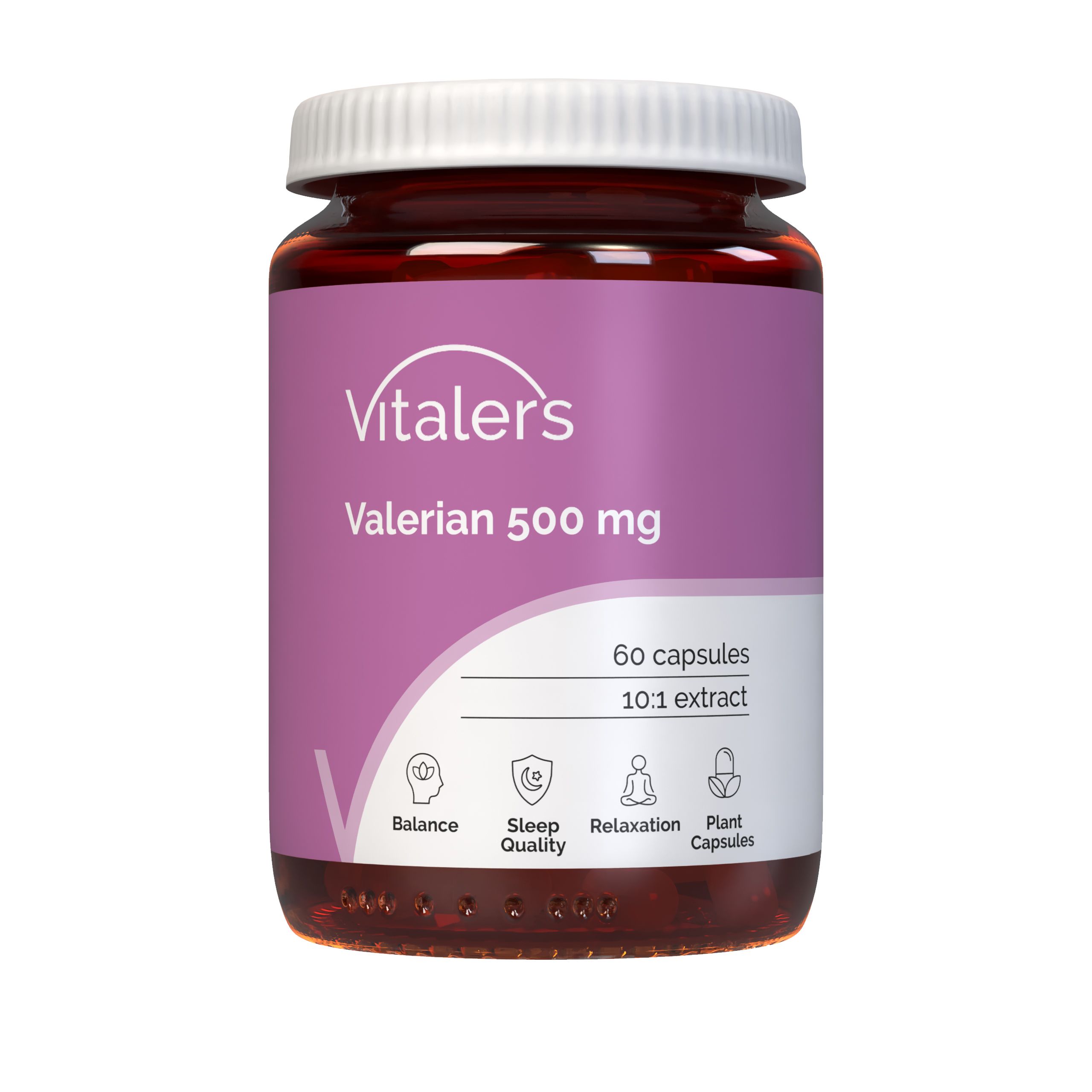 Vitaler's Baldrian 500 mg Kapselbehälter mit 60 Kapseln, 10:1 Extrakt, mit Symbolen für Balance, Schlafqualität und Entspannung.