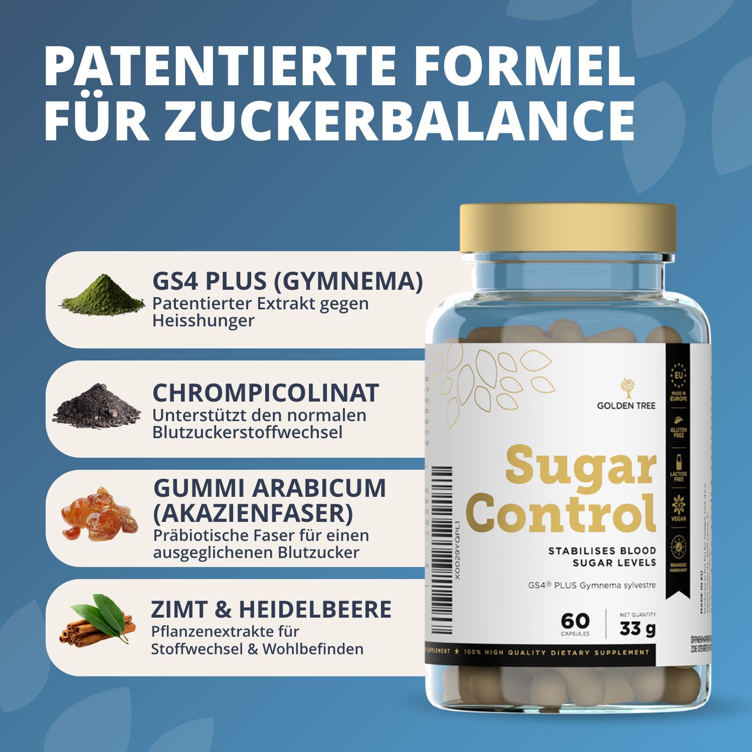 Flasche Golden Tree Sugar Control mit Zutatenliste und Darstellungen von Extrakten.