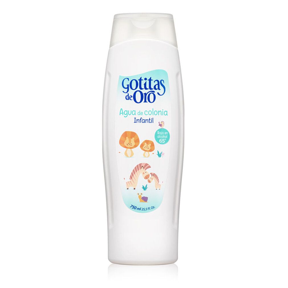 Weiße Flasche mit "Gotitas de Oro" Logo und Tierillustrationen. Agua de Colonia Infantil, 750 ml.