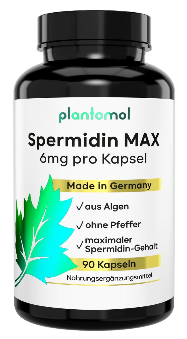 Schwarze Flasche mit weißen Etikett. Enthält Spermidin MAX Kapseln. Aufschrift: 6mg pro Kapsel, 90 Kapseln, Made in Germany.