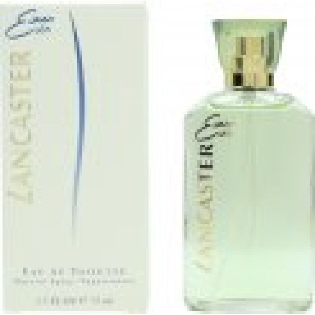 Eau de Toilette-Flakon neben weißer Schachtel. Goldener Schriftzug "Lancaster". Blaue geschwungene Linie auf der Schachtel.