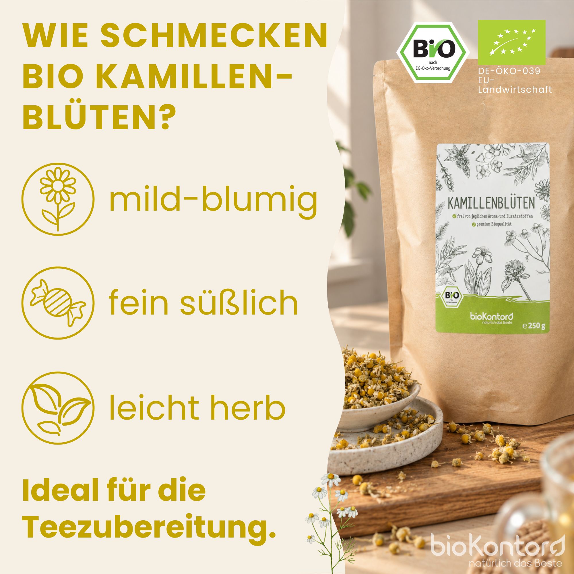Bio-Kräutertee aus ganzen Hibiskusblüten in einer braunen Papiertüte mit Siegel und Bio-Siegeln.