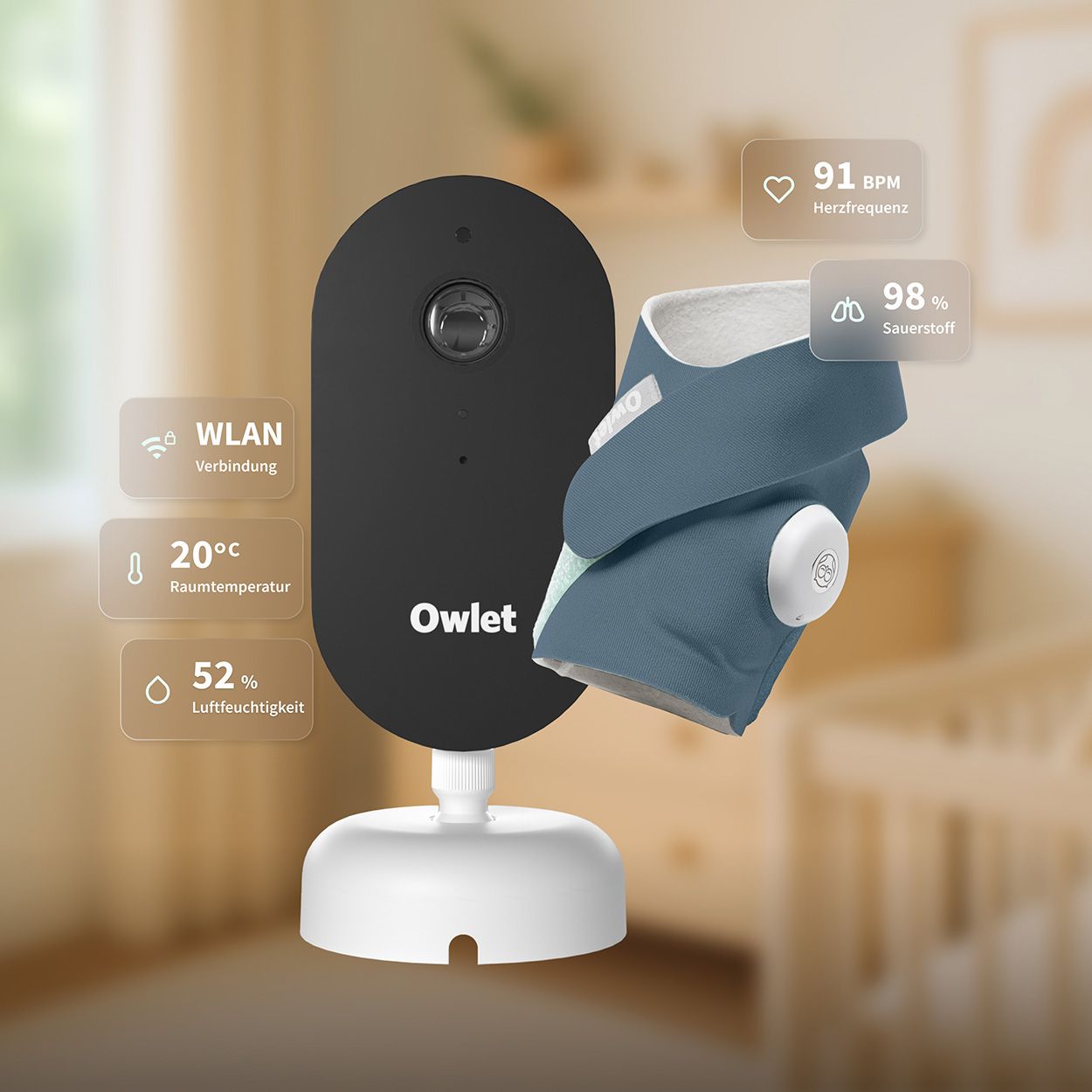Schwarze Kamera mit weißem Sockensensor. Anzeigen von WLAN, Temperatur, Luftfeuchtigkeit und Vitaldaten: Herzfrequenz, Sauerstoffsättigung.