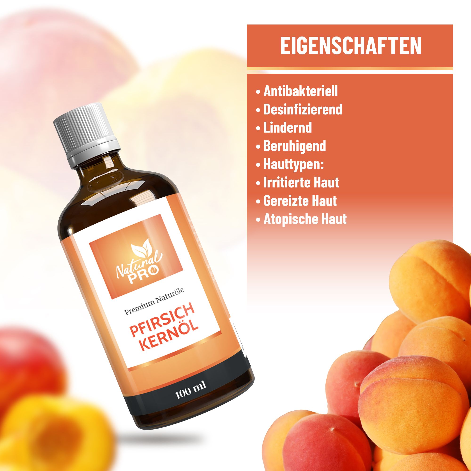 Braune Glasflasche mit weißem Deckel und Etikett. Text: Pfirsichkernöl, 100 ml. Eigenschaften: antibakteriell, desinfizierend, beruhigend.