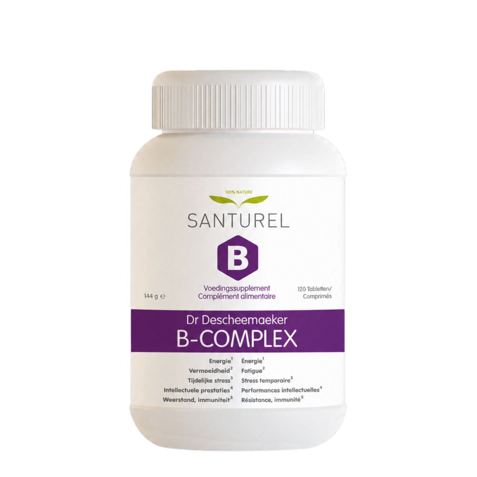 Weiße Flasche Santurel B-Complex Nahrungsergänzungsmittel mit 120 Tabletten.