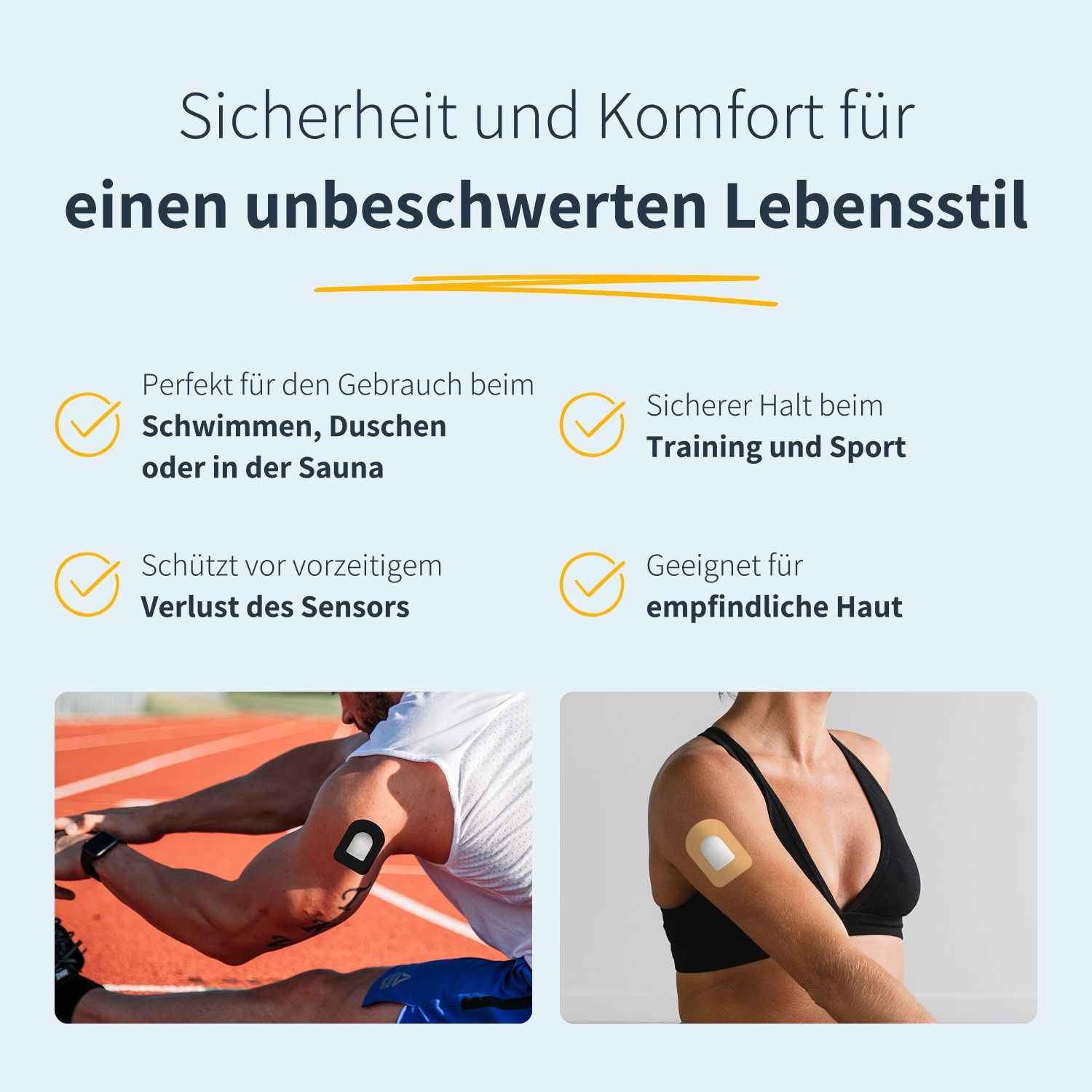 Zwei Personen mit Pflastern auf dem Arm. Text: Sicherheit und Komfort für einen unbeschwerten Lebensstil. Geeignet für Sport und empfindliche Haut.