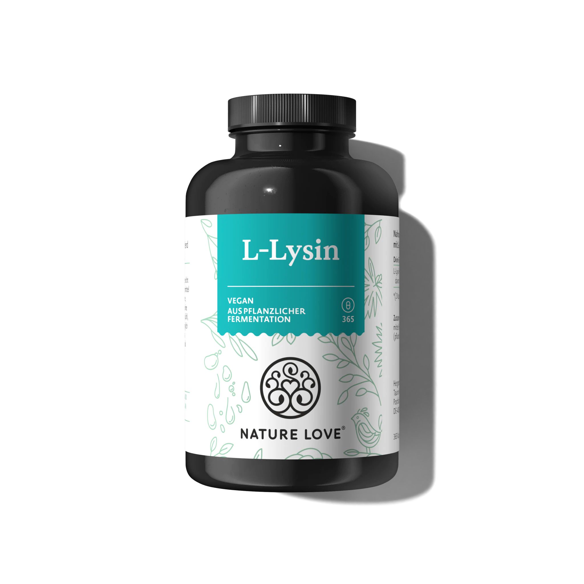 Schwarze Flasche mit L-Lysin-Kapseln. Türkisfarbenes Etikett mit weißer Schrift. Aufschrift: NATURE LOVE®, vegan, 365.