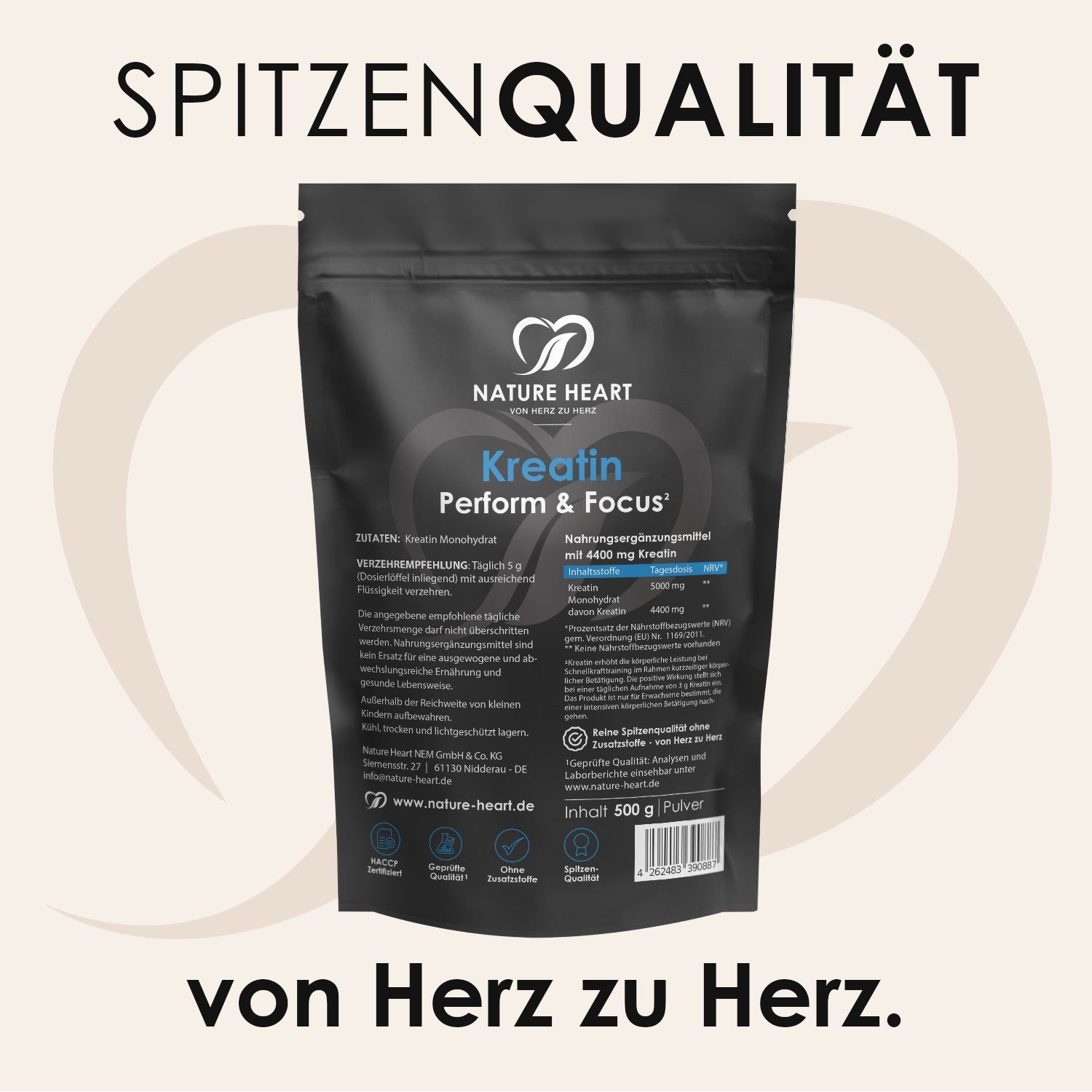 Nature Heart Kreatin Perform & Focus Beutel mit Nährwertangaben.