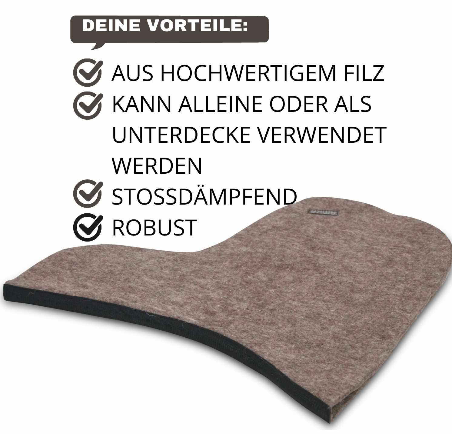Braune Filz Unterdecke mit schwarzem Rand. Text: Aus hochwertigem Filz, kann als Unterdecke verwendet werden, stossdämpfend, robust.