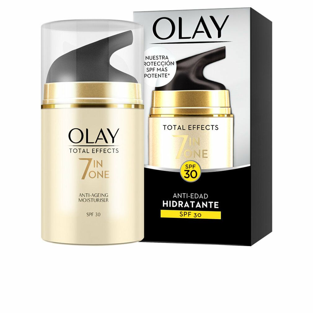 Olay Total Effects 7 in One Anti-Ageing Moisturiser. Creme-Spender mit schwarzem Deckel und goldfarbenem Ring. Verpackung mit Produktabbildung.
